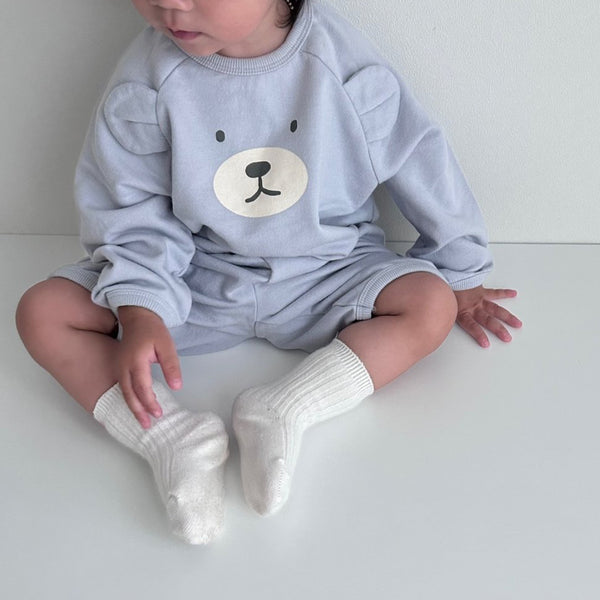 Baby Printed Bear Face 3D Ears Sweatshirt and 3/4 Pants Set (4-15m) - Blue