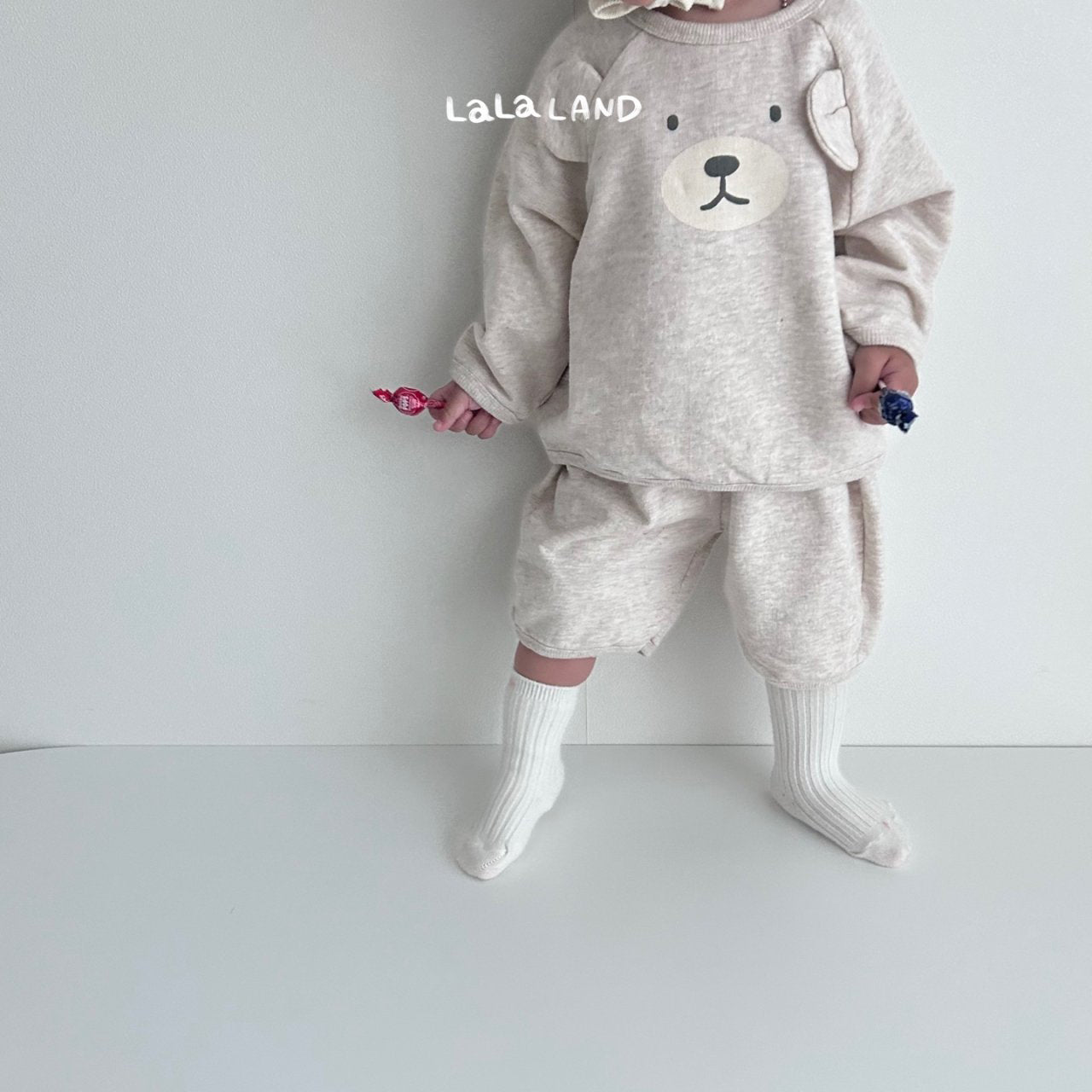 Baby Printed Bear Face 3D Ears Sweatshirt and 3/4 Pants Set (4-15m) - Oat
