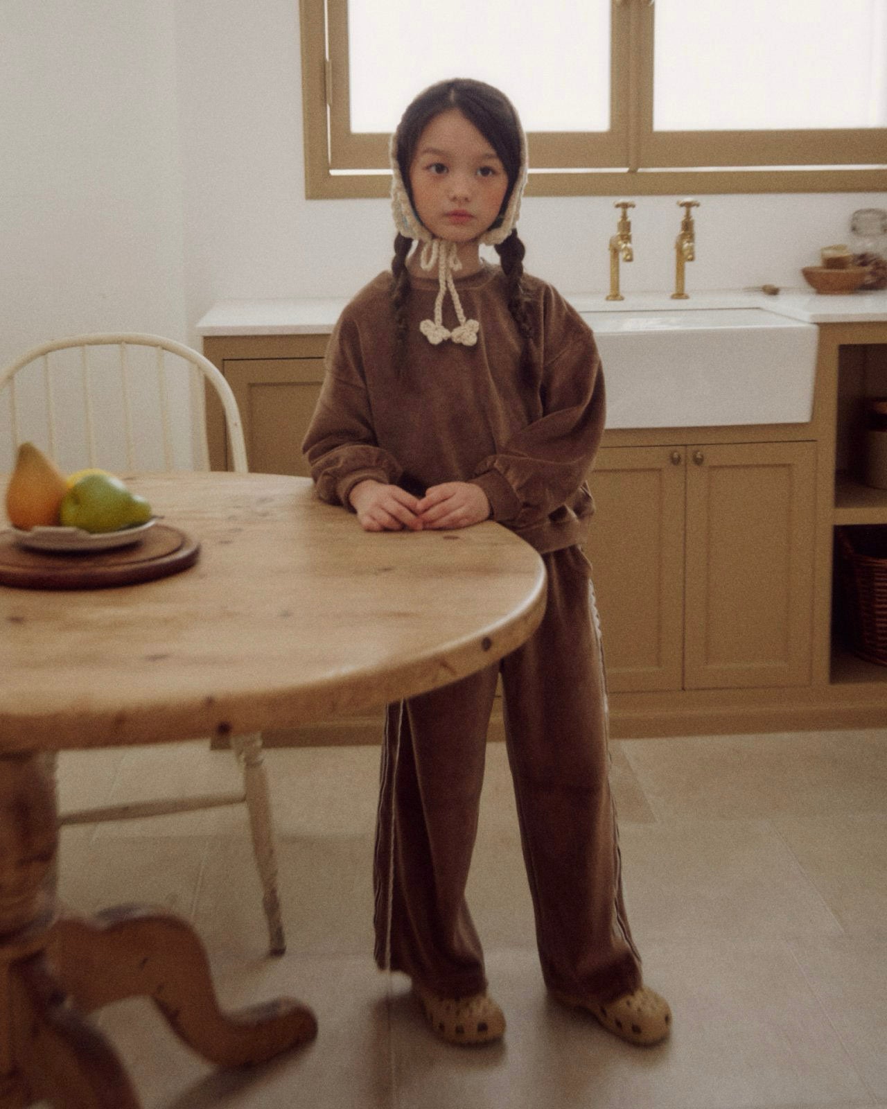 Kids F25 Velour Long Sleeve Sweatshirt and Side Lace Tape Pull-on Pants Set (3-7y) - Brown