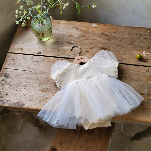 Baby Short Puff Sleeve Tutu Dress Romper (3-18m) - Cream - AT NOON STORE