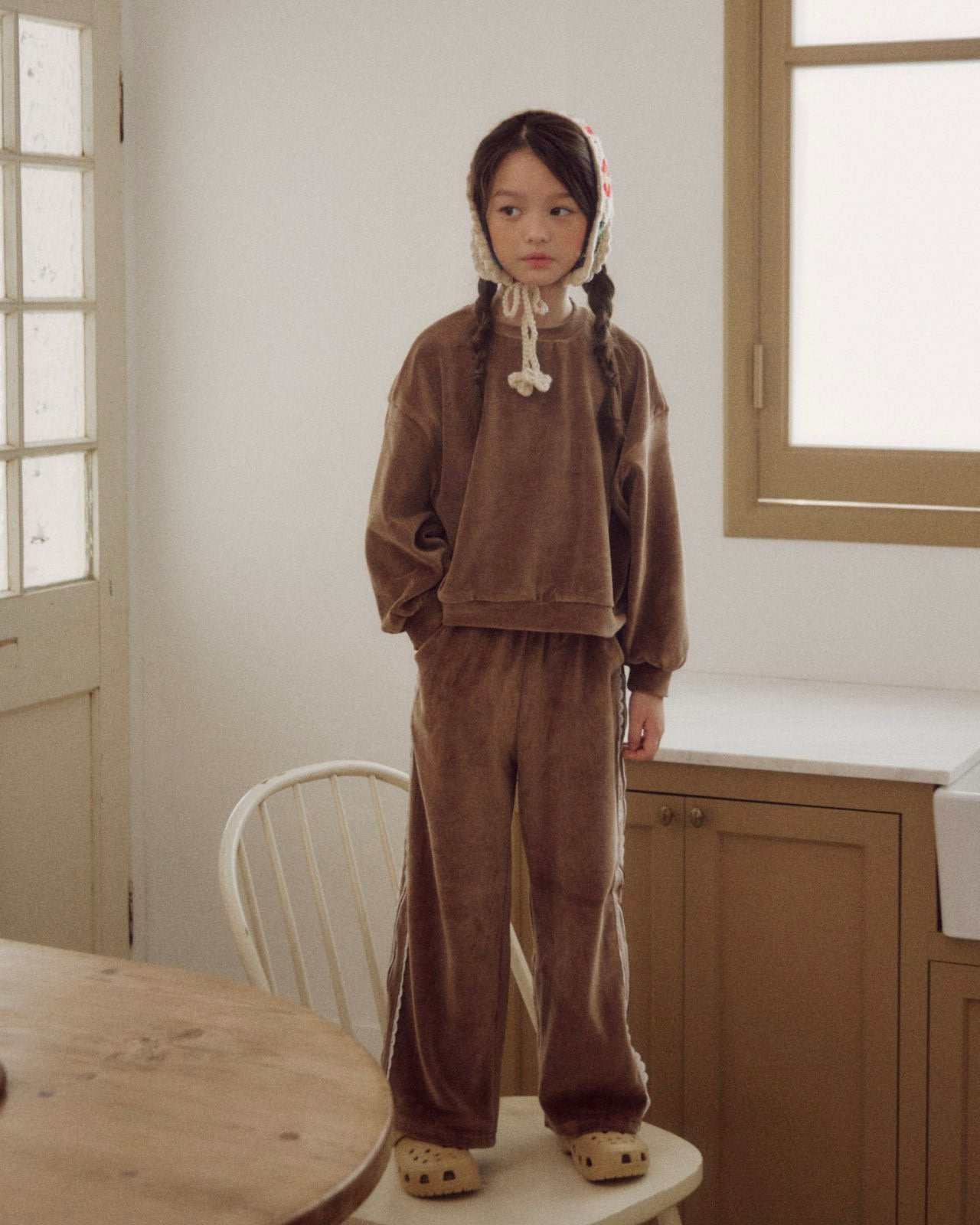 Kids F25 Velour Long Sleeve Sweatshirt and Side Lace Tape Pull-on Pants Set (3-7y) - Brown