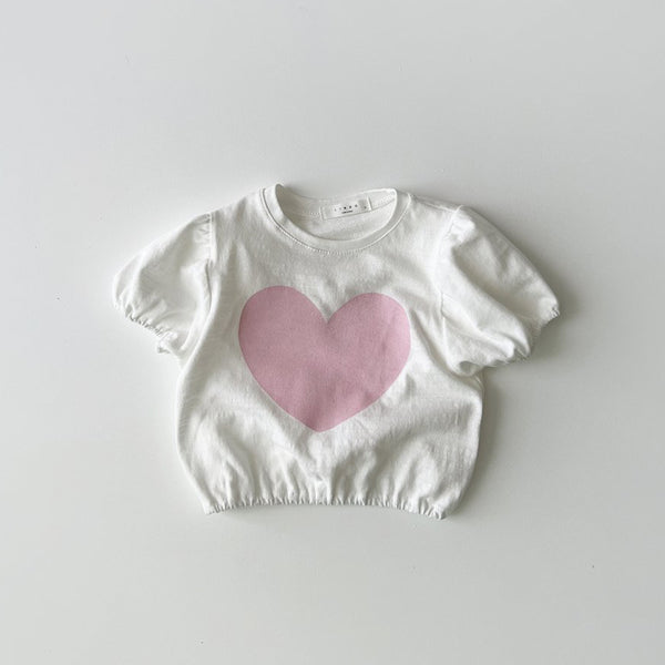 Toddler Short Puff Sleeve Heart Print Top (1-5y) - Ivory