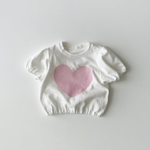 Toddler Short Puff Sleeve Heart Print Top (1-5y) - Ivory