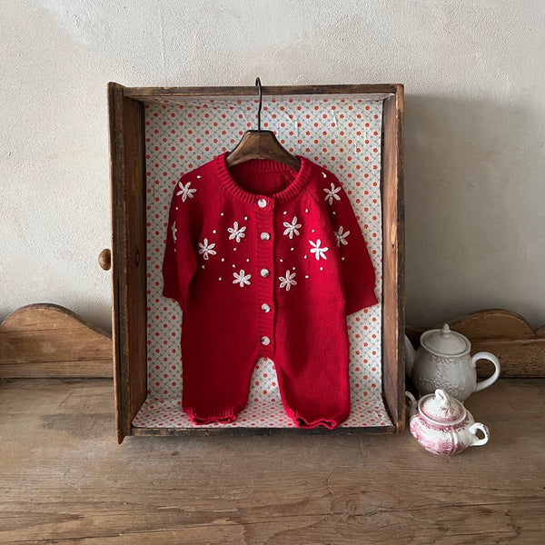 Baby Snow Embroidered Sweater Knit Bodysuit (0-18m)- Red
