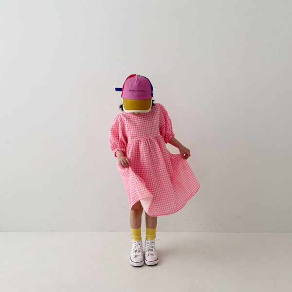 Toddler Short Puff Sleeve Seersucker Gingham Dress (1-5y) - Pink - AT NOON STORE