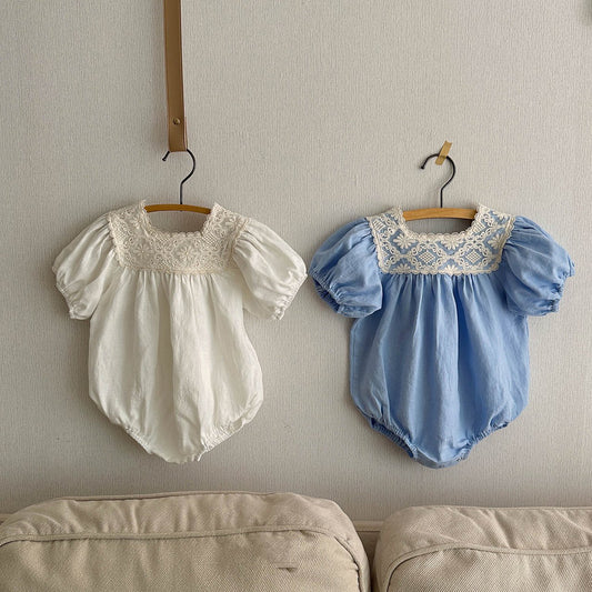 Baby Lace Square Neck Linen Romper (3-18m) - 2 Colors