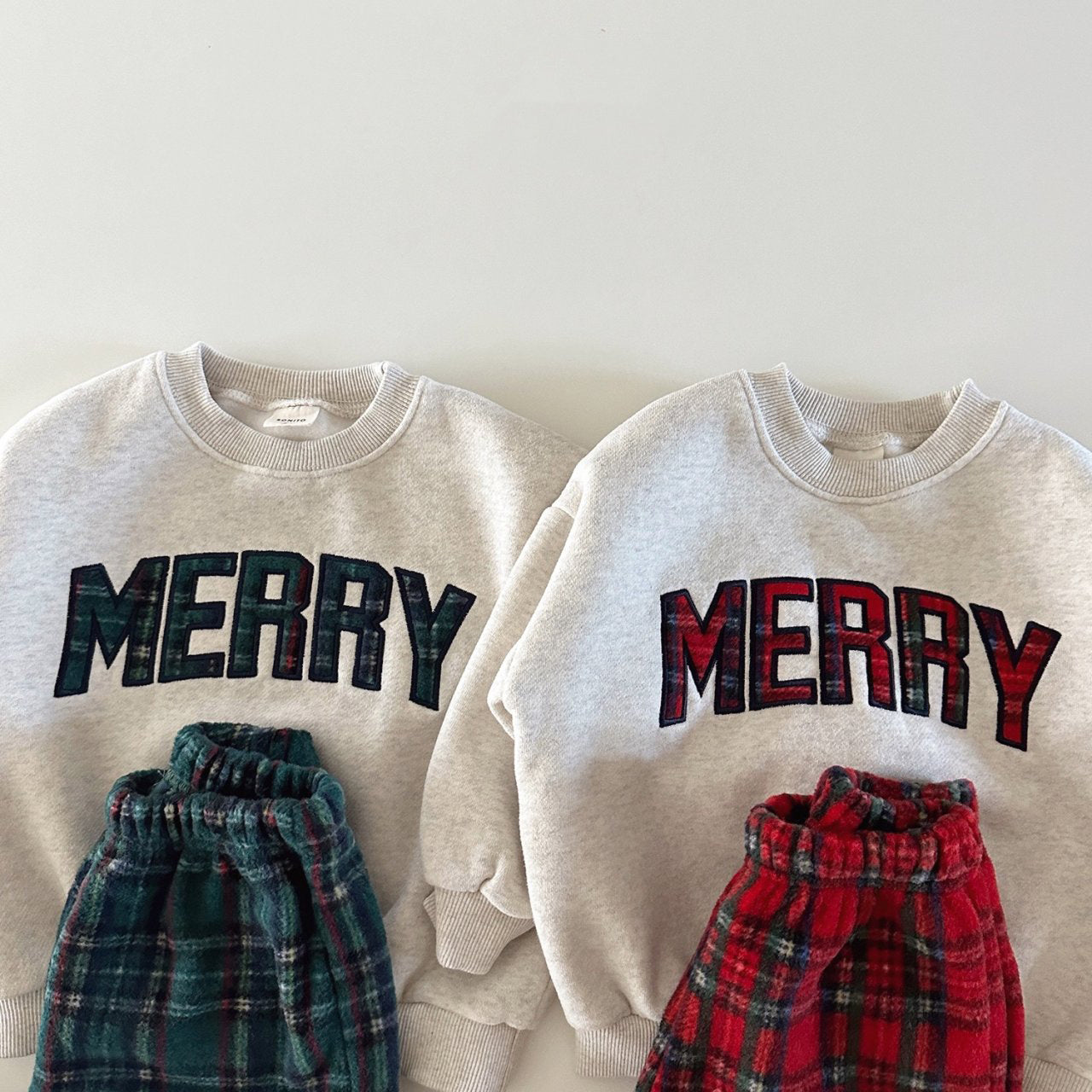 Toddler Merry Patch Embroidery Sweatshirt and Tartan Fleece Jogger Pants (6m-6y) - Red - AT NOON STORE