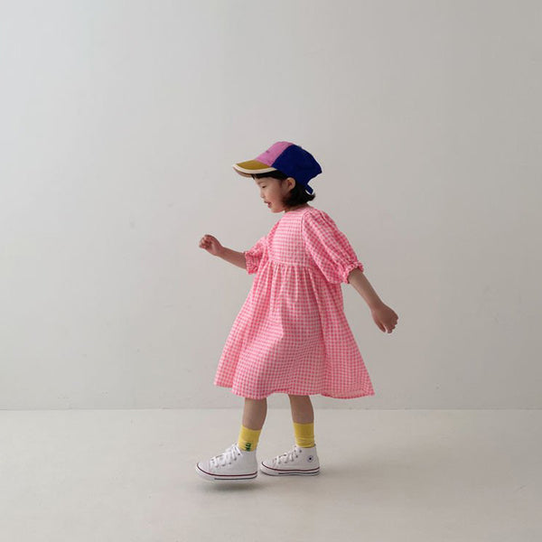 Toddler Short Puff Sleeve Seersucker Gingham Dress (1-5y) - Pink - AT NOON STORE