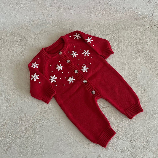 Baby Snow Embroidered Sweater Knit Bodysuit (0-18m)- Red - AT NOON STORE