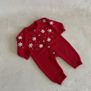 Baby Snow Embroidered Sweater Knit Bodysuit (0-18m)- Red