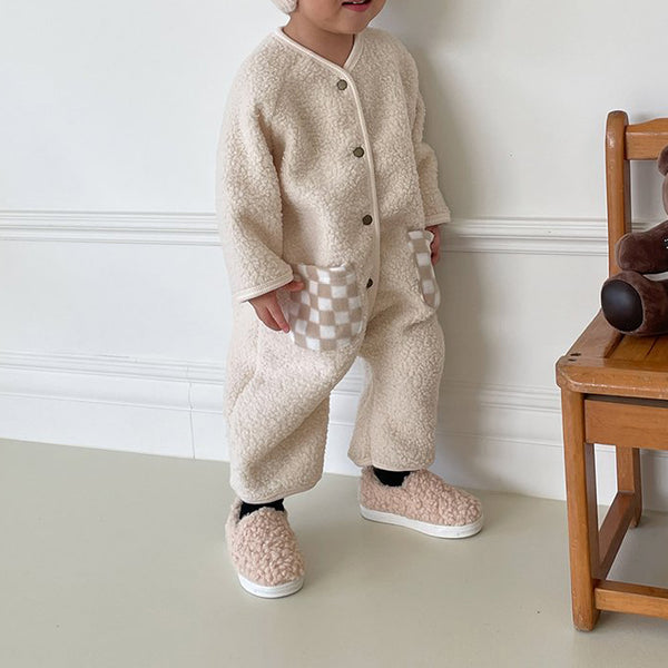Baby Fleece-Lined Checkered Pocket Sherpa Jumpsuit  (3-18m) - 2 Colors