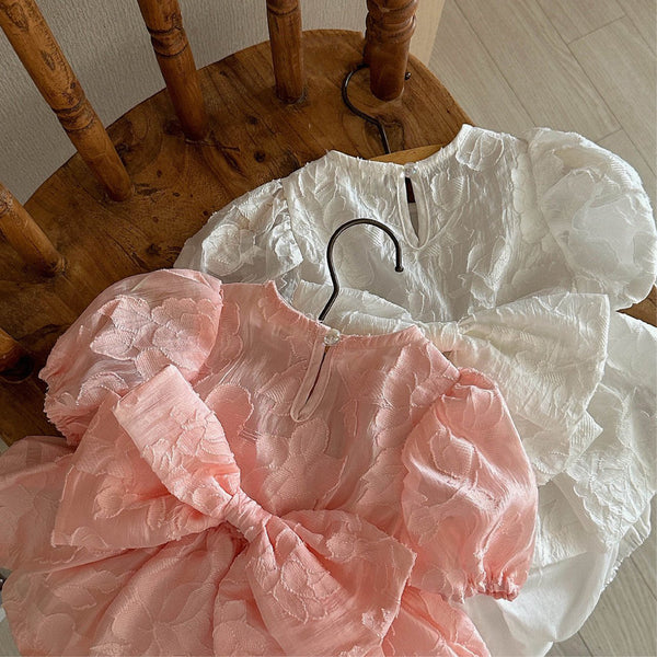 Baby Bow Back Short Sleeve Rose Jacquard Romper (3-18m) - 2 Colors