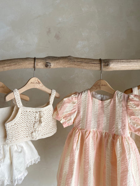 Toddler Ann Short Puff Sleeve Heart Neck Dress (1-4y)- Pink