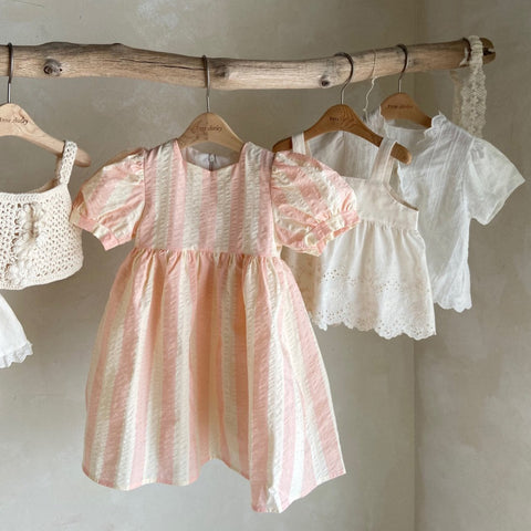 Toddler Ann Short Puff Sleeve Heart Neck Dress (1-4y)- Pink