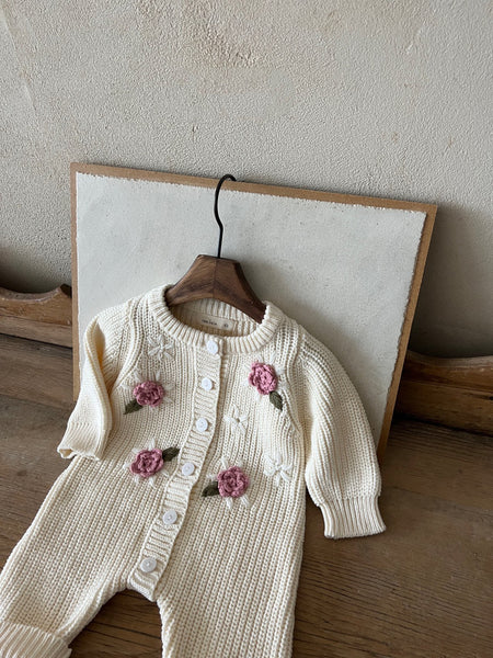 Baby Floral Embroidery Knit Sweater Jumpsuit (0-24m) - Ivory