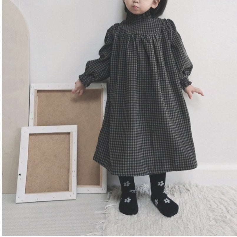 Girls Nunu Fleece-Lined Gingham Corduroy Dress (1-6y) -Grey - AT NOON STORE