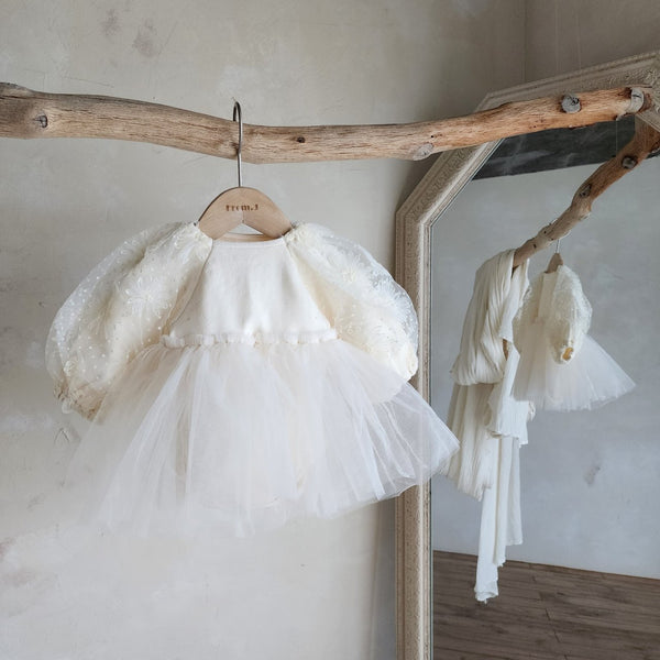 Baby Flower Embroidered Puff Sleeve Tutu Dress Romper (3-18m) - Light Beige