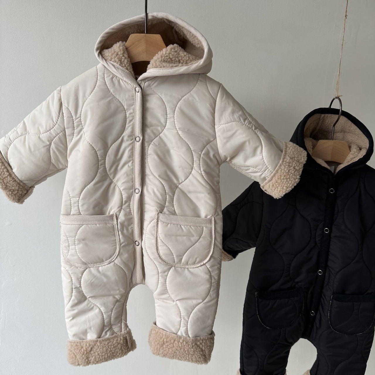 Baby Sherpa Lined Hood Quilted Puffer One-Piece (0-24m) - Cream
