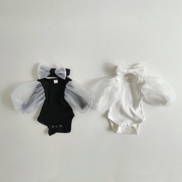 Baby Organza Puff Sleeve Rib Romper and Headband Set (3-12m) - Black