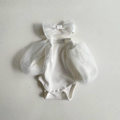 Baby Organza Puff Sleeve Rib Romper and Headband Set (3-24m) - Cream