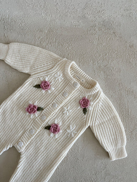 Baby Floral Embroidery Knit Sweater Jumpsuit (0-24m) - Ivory