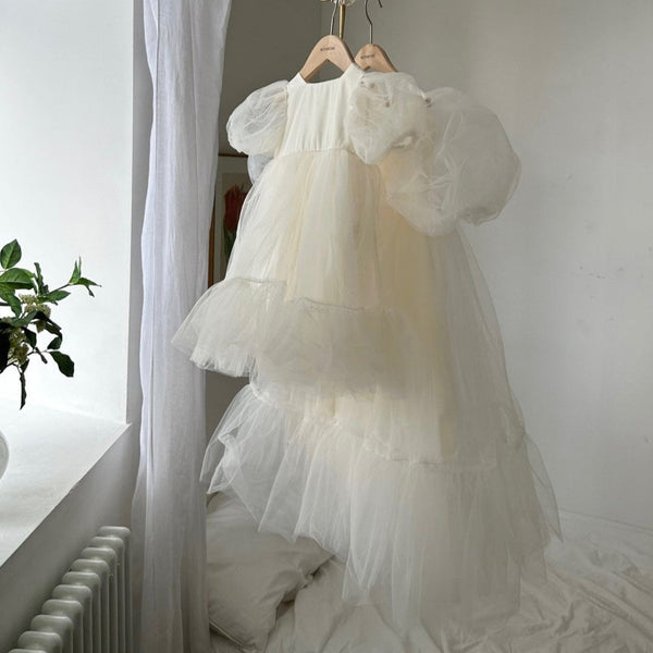 Girls Monbebe BonBon Short Puff Sleeved Tulle Dress (6m-6y) - Cream - AT NOON STORE