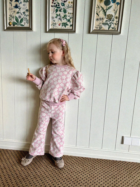 Kids Floral Jacquard  Puff Sleeve Top &  Pants Set (2-6y) - Pink