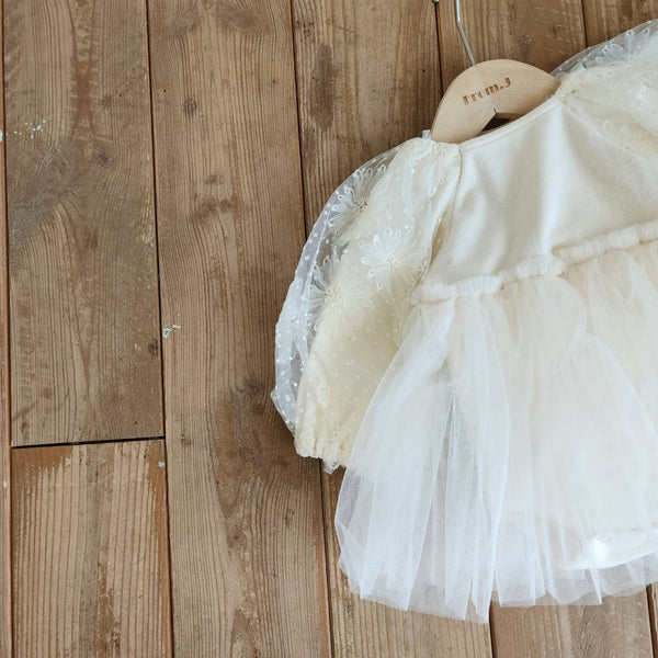Baby Flower Embroidered Puff Sleeve Tutu Dress Romper (3-18m) - Light Beige