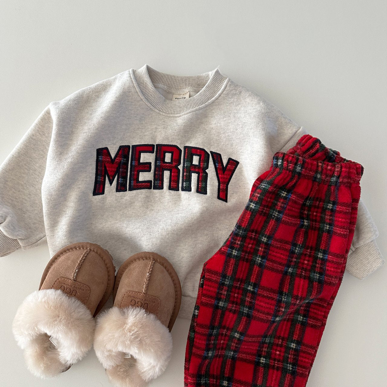 Toddler Merry Patch Embroidery Sweatshirt and Tartan Fleece Jogger Pants (6m-6y) - Red - AT NOON STORE