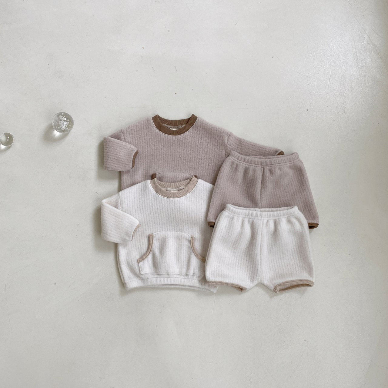 Baby BH Kangaroo Pocket Fleece Top and Shorts Set (3-18m) - Cream - AT NOON STORE