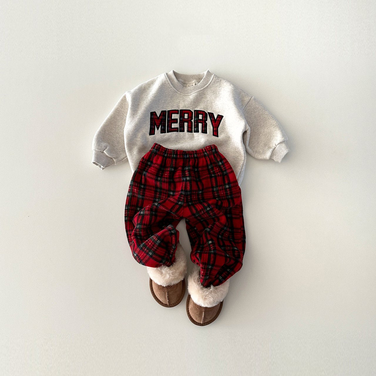 Toddler Merry Patch Embroidery Sweatshirt and Tartan Fleece Jogger Pants (6m-6y) - Red - AT NOON STORE