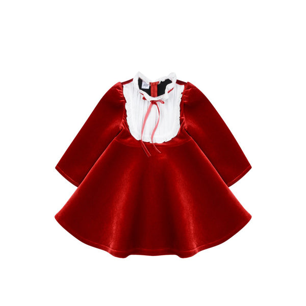 [PRE-ORDER] Girls Holiday Puff Sleeve Tie Neck  Dress (2-6y)- Red