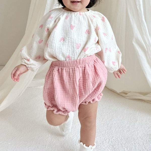 Baby Gauze Cotton Heart Print Top and Bloomer Set - Pink