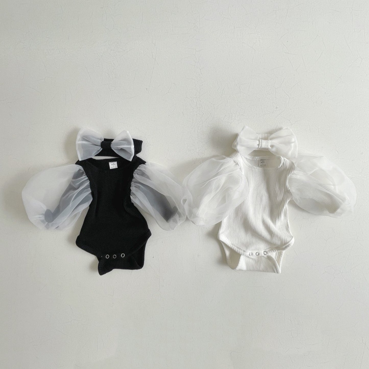 Baby Organza Puff Sleeve Rib Romper and Headband Set (3-24m) - Cream - AT NOON STORE