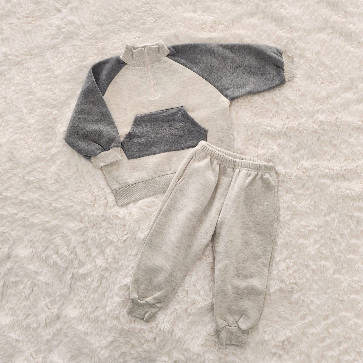 Kids 1/4 - Zip Kangaroo Pocket Pullover and Jogger Pants Set (1 - 6y) - Grey kids outfit