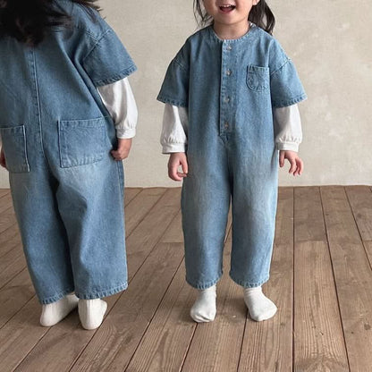 Kids Bella Front Button Short Sleeve Denim Jumpsuit (5 - 6y) - Denim kids outfit