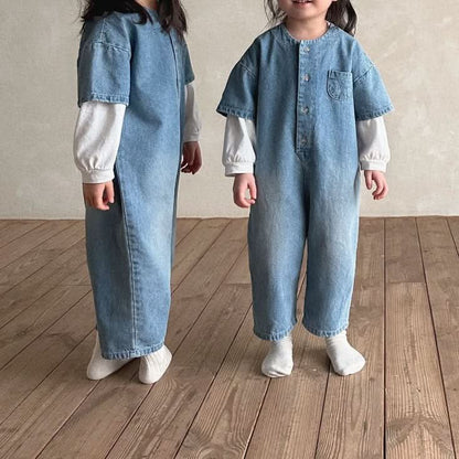 Kids Bella Front Button Short Sleeve Denim Jumpsuit (5 - 6y) - Denim kids outfit