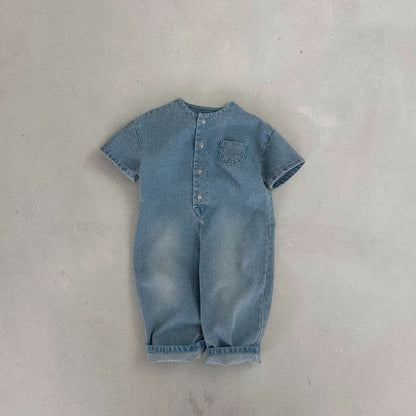Kids Bella Front Button Short Sleeve Denim Jumpsuit (5 - 6y) - Denim kids outfit