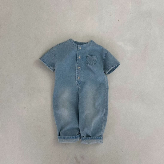 Kids Bella Front Button Short Sleeve Denim Jumpsuit (5 - 6y) - Denim kids outfit