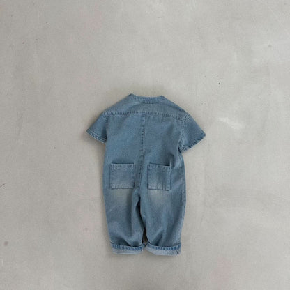 Kids Bella Front Button Short Sleeve Denim Jumpsuit (5 - 6y) - Denim kids outfit