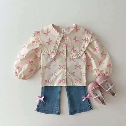 Kids Big Collar Puff Sleeve Top and Skirted Shorts Set (1 - 5y) - Pink Bow Print kids outfit