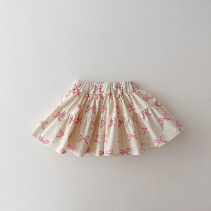 Kids Big Collar Puff Sleeve Top and Skirted Shorts Set (1 - 5y) - Pink Bow Print kids outfit