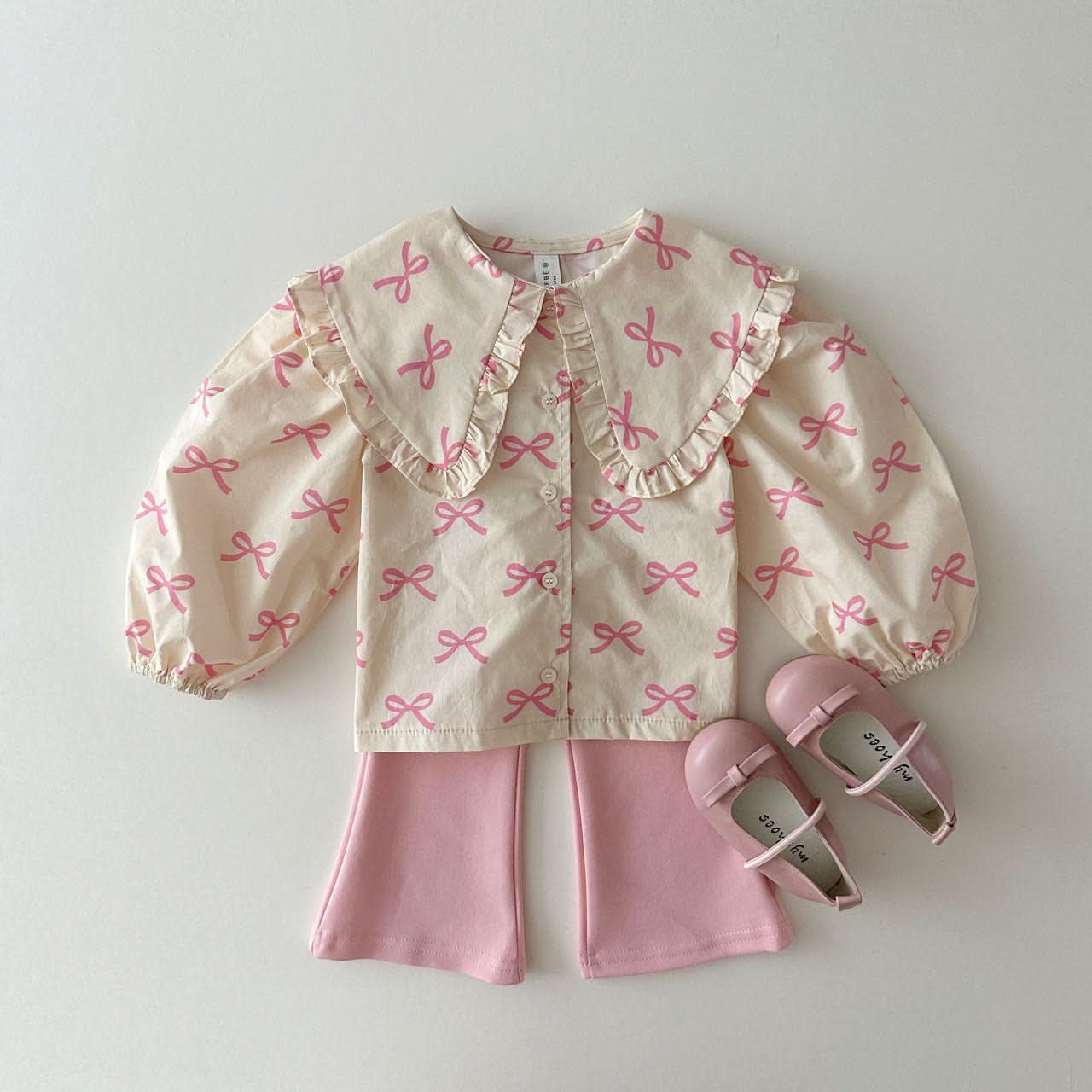 Kids Big Collar Puff Sleeve Top and Skirted Shorts Set (1 - 5y) - Pink Bow Print kids outfit