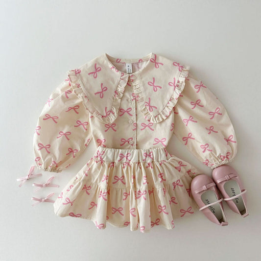 Kids Big Collar Puff Sleeve Top and Skirted Shorts Set (1 - 5y) - Pink Bow Print kids outfit
