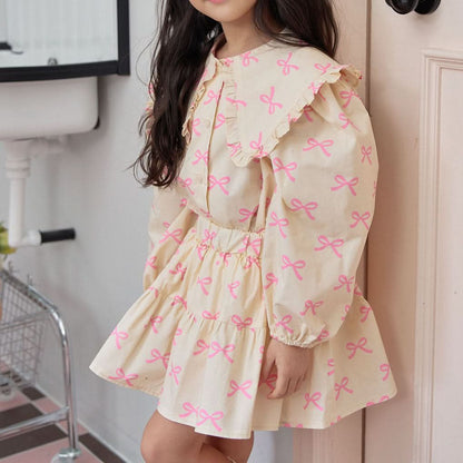 Kids Big Collar Puff Sleeve Top and Skirted Shorts Set (1 - 5y) - Pink Bow Print kids outfit