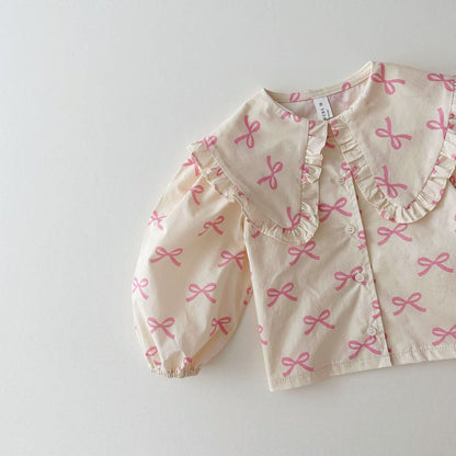 Kids Big Collar Puff Sleeve Top and Skirted Shorts Set (1 - 5y) - Pink Bow Print kids outfit