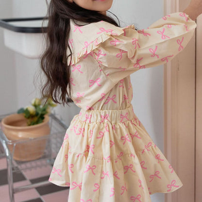 Kids Big Collar Puff Sleeve Top and Skirted Shorts Set (1 - 5y) - Pink Bow Print kids outfit