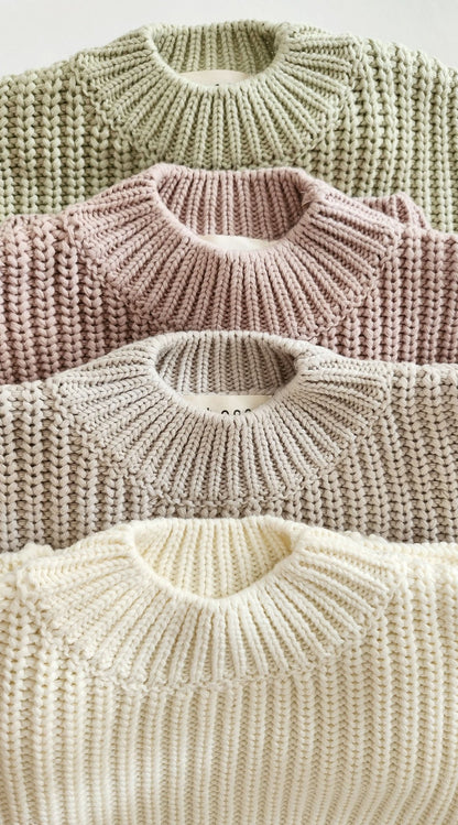 Kids Chunky Cotton Knit Sweater (3m - 6y) - Sage Green kids outfit