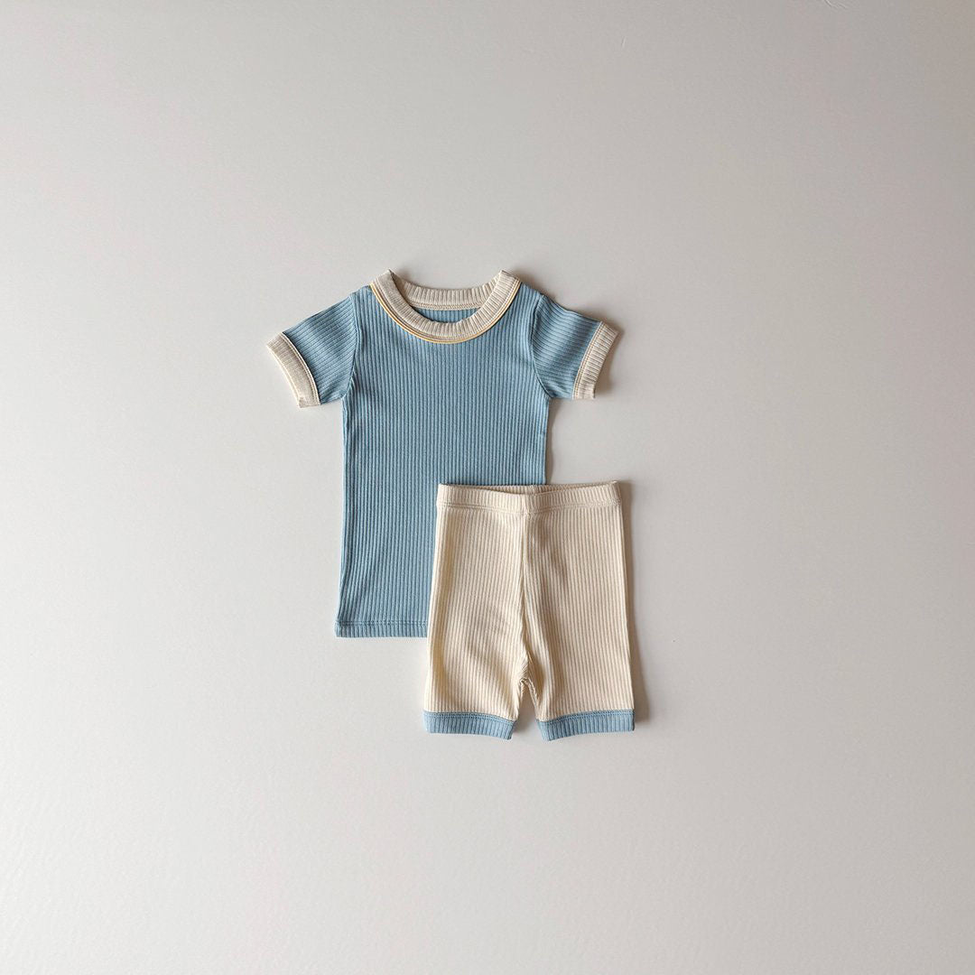 Kids Color Block Ribbed Short Sleeve Top and Shorts Set (1 - 6y) - 3 Colors kids outfit