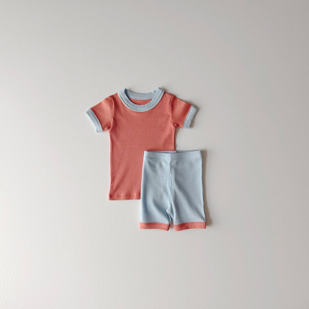 Kids Color Block Ribbed Short Sleeve Top and Shorts Set (1 - 6y) - 3 Colors kids outfit